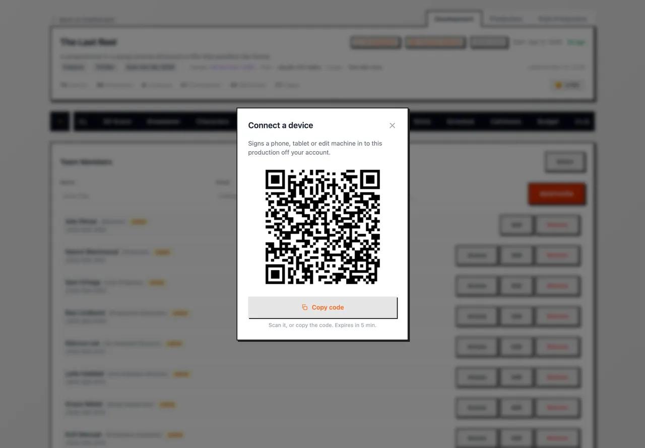 The Connect a device dialog with a QR code and Copy code