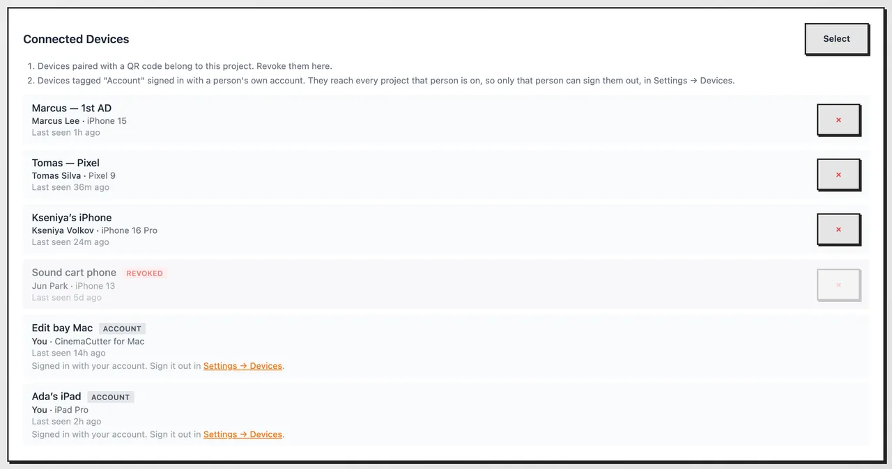 Connected Devices: three crew phones and a revoked one, and two devices with an Account tag