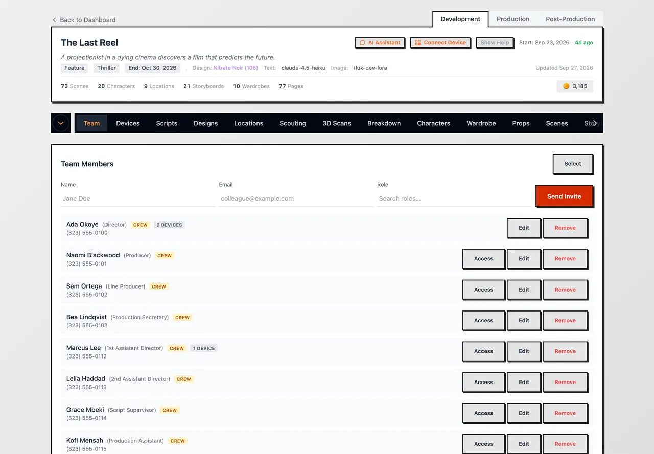 The Team tab: an invite row above a crew list naming each member and the role they hold