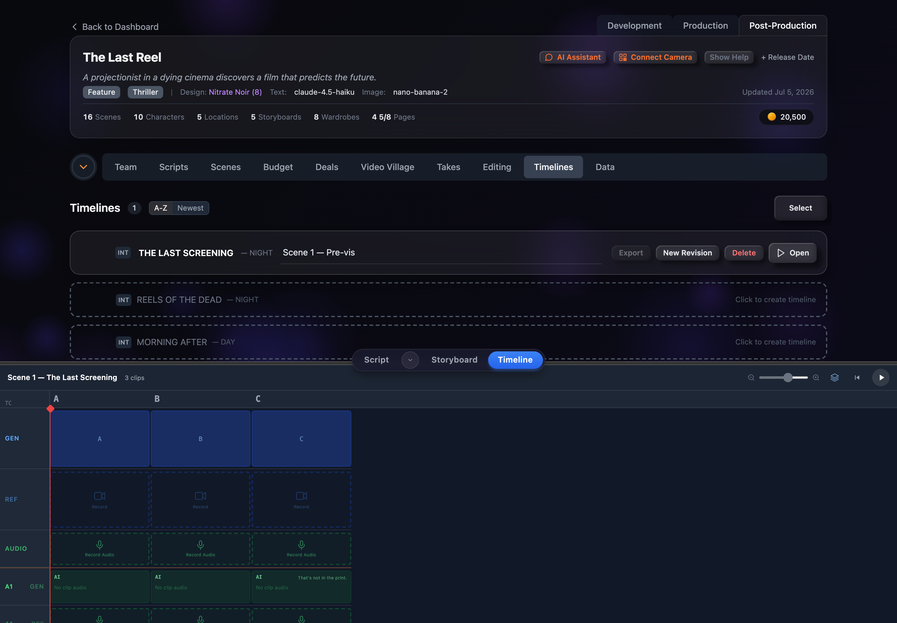 The timeline editor — the GEN video track with the scene's clips, the reference and audio lanes, and the playhead