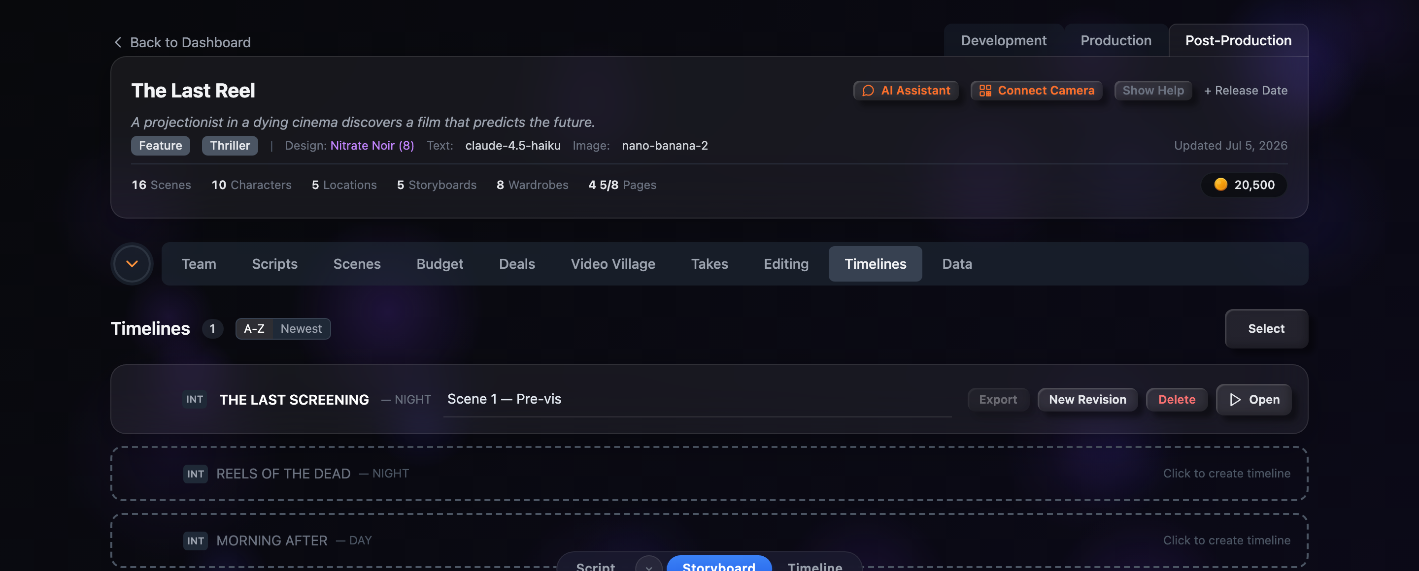 The Timelines tab for the demo project The Last Reel — every scene listed as a row, ready to become an editing timeline