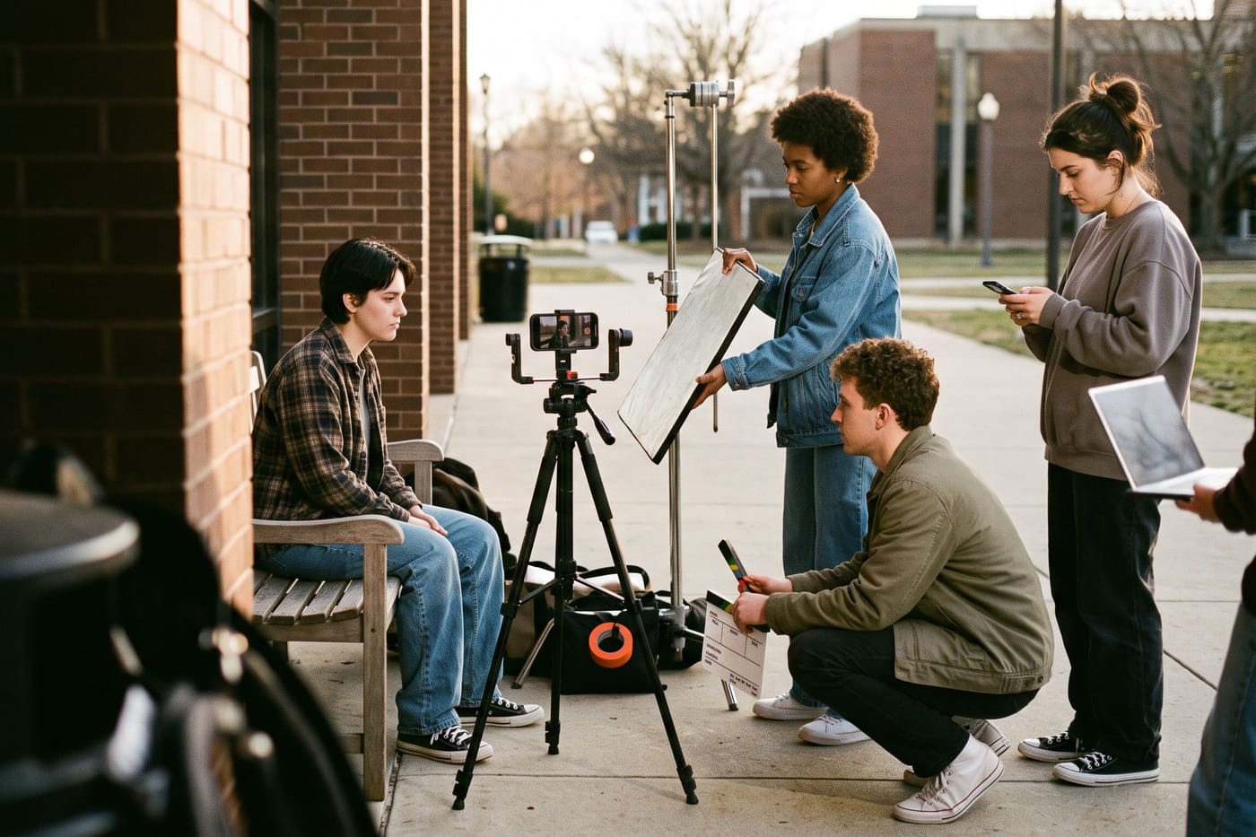 A student crew shooting on a campus walkway, one filming on a phone rig while another checks the schedule