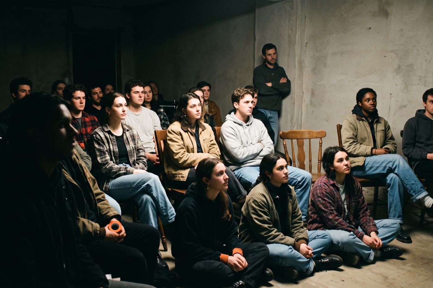An audience on chairs and the floor of a bare room, faces lit by a film playing off frame, the filmmaker watching them from the back