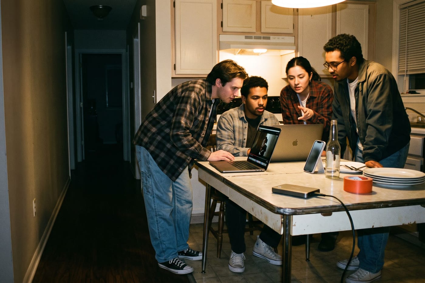 Four filmmakers around a kitchen table late at night showing each other cuts on laptops